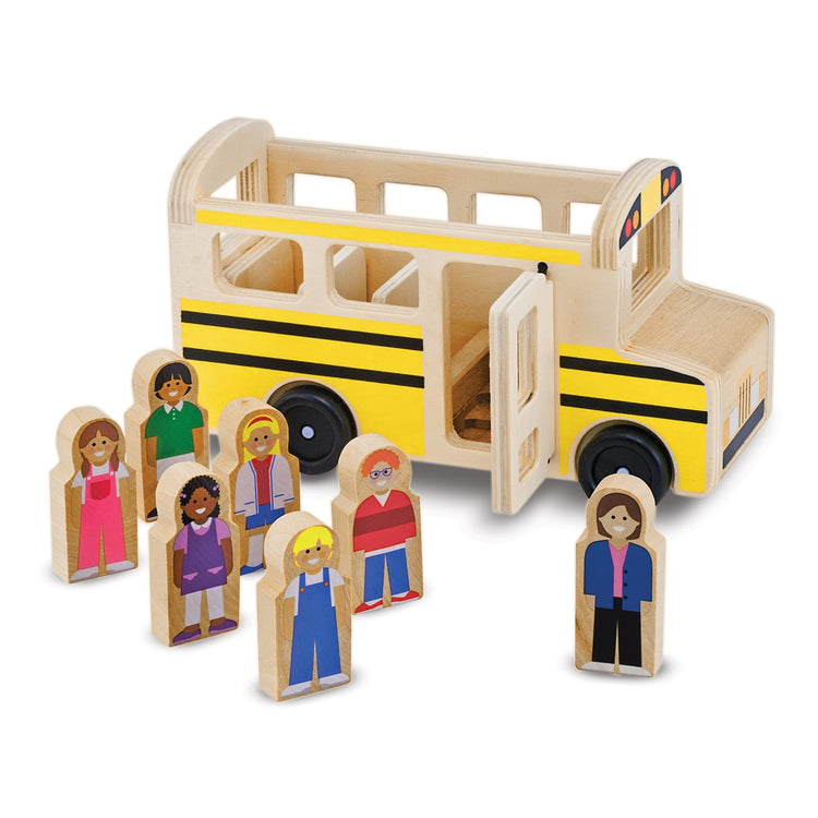 The loose pieces of the Melissa & Doug School Bus Wooden Play Set With 7 Play Figures