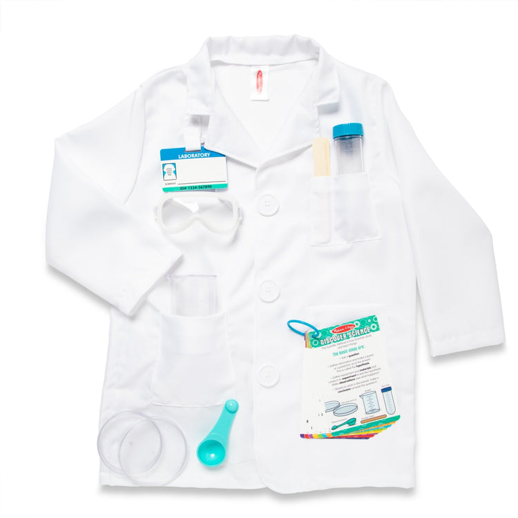 The loose pieces of the Melissa & Doug Scientist Role Play Costume Set (X pcs) - Lab Coat, Goggles, 6 Experiments