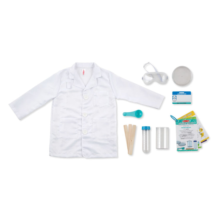 The loose pieces of the Melissa & Doug Scientist Role Play Costume Set (X pcs) - Lab Coat, Goggles, 6 Experiments