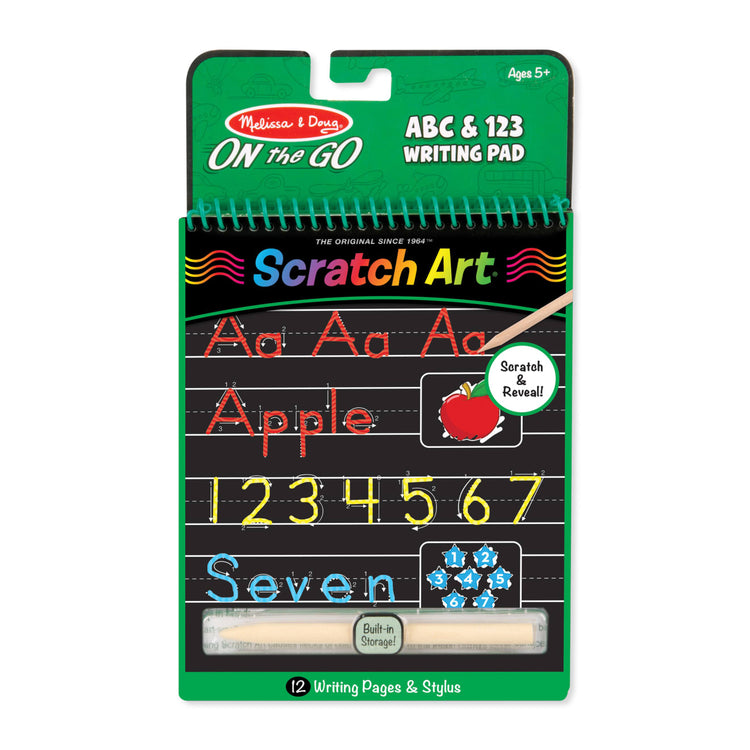 The front of the box for the Melissa & Doug On the Go Scratch Art Writing Activity Pad – ABC & 123