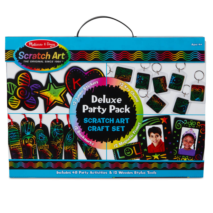 the Melissa & Doug Scratch Art® Deluxe Party Pack Craft Set – 12 Jumbo Stickers, 12 Key Chains, 12 Bookmarks, 12 Magnetic Frames, 12 Stylus