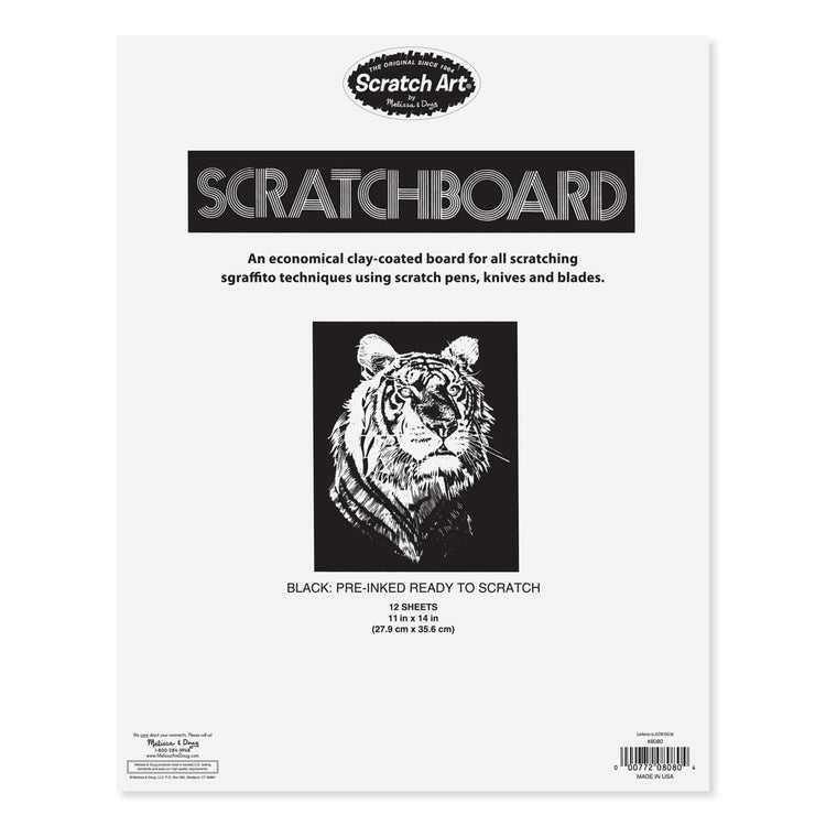 The front of the box for the Scratchboard - Black Coated 12 pt 11 x 14 (12 boards)