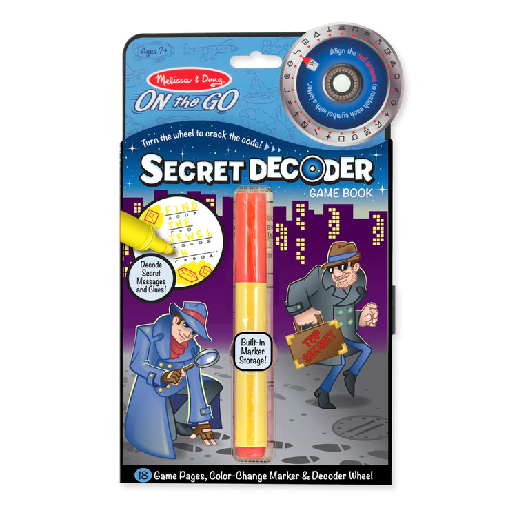 The front of the box for the Melissa & Doug On the Go Spy Mystery Secret Decoder Book With Decoder Wheel and Magic-Reveal Pen