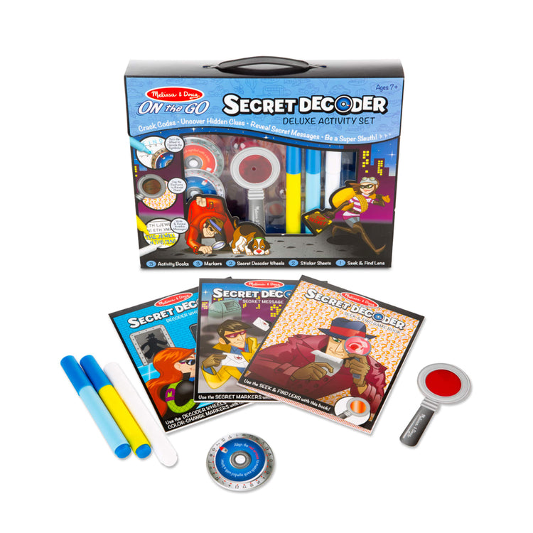 The loose pieces of the Melissa & Doug On the Go Secret Decoder Deluxe Activity Set and Super Sleuth Toy