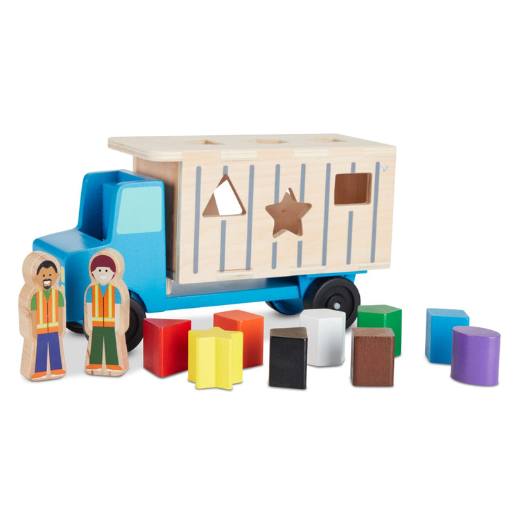 An assembled or decorated the Melissa & Doug Shape-Sorting Wooden Dump Truck Toy With 9 Colorful Shapes and 2 Play Figures