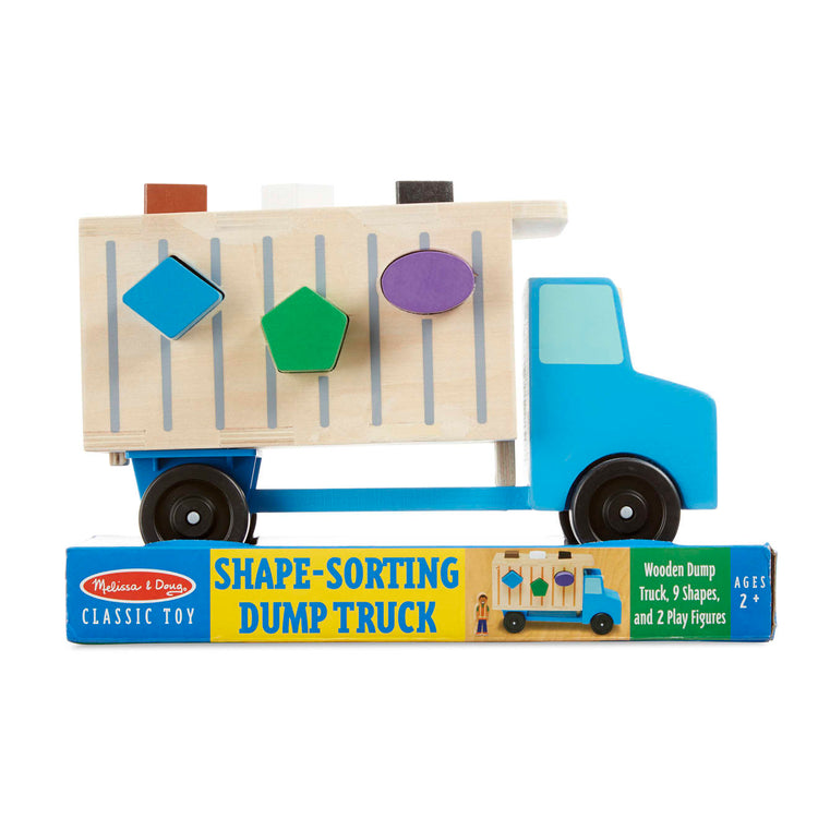 the Melissa & Doug Shape-Sorting Wooden Dump Truck Toy With 9 Colorful Shapes and 2 Play Figures