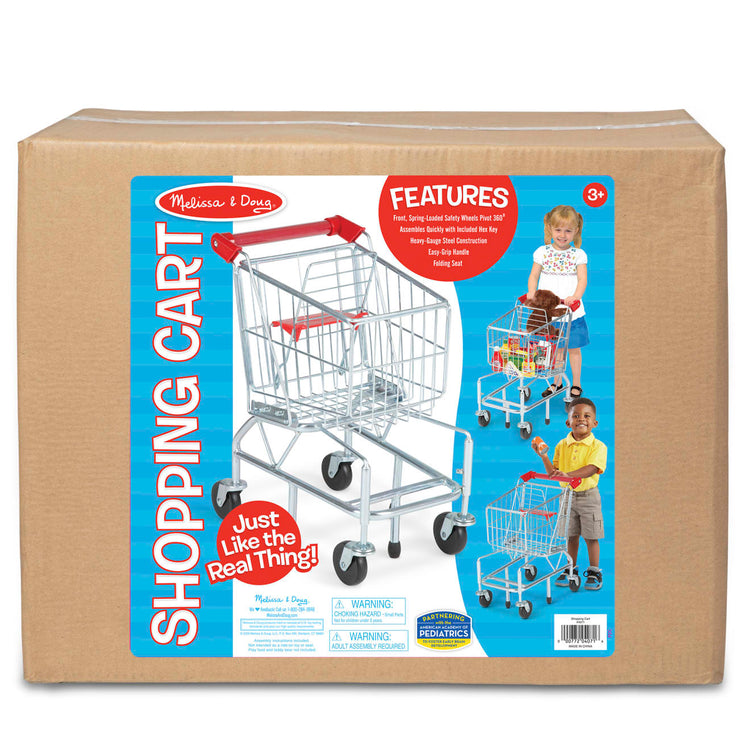 The loose pieces of the Melissa & Doug Toy Shopping Cart With Sturdy Metal Frame