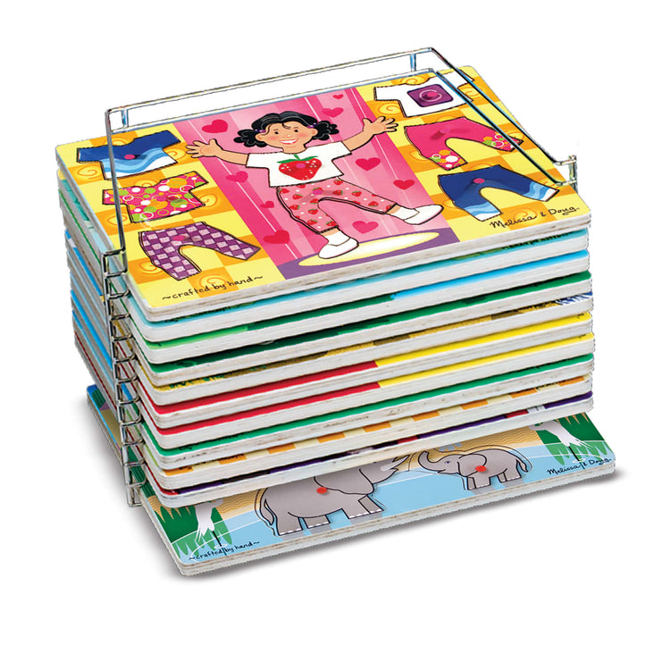 An assembled or decorated the Melissa & Doug Puzzle Storage Rack - Wire Rack Holds 12 Puzzles