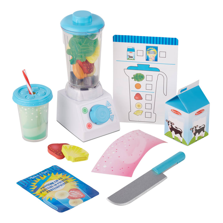 The loose pieces of the Melissa & Doug Smoothie Maker Blender Set with Play Food (222 Pcs)