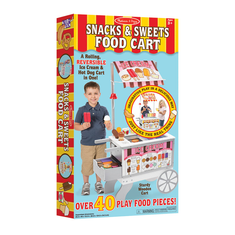 Melissa & Doug Wooden Snacks and Sweets Food Cart - 40+ Play Food pcs, Reversible Awning