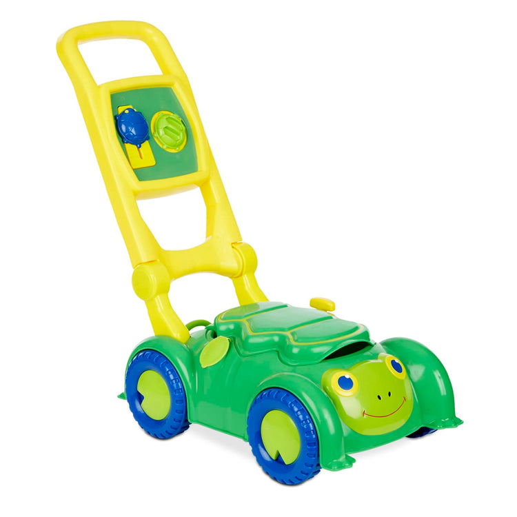 The loose pieces of the Melissa & Doug Sunny Patch Snappy Turtle Lawn Mower - Pretend Play Toy for Kids