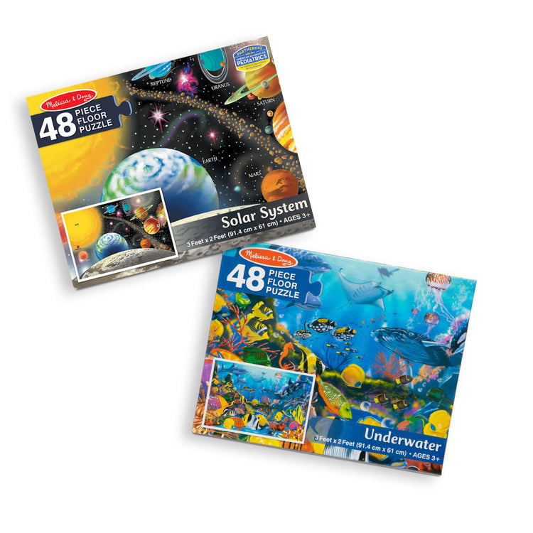 The front of the box for the Melissa & Doug Jumbo Jigsaw Floor Puzzle Set - Solar System and Underwater (2 x 3 feet each)