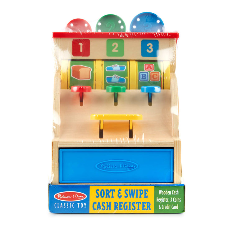 the Melissa & Doug Spin and Swipe Wooden Toy Cash Register With 3 Play Coins, Pretend Credit Card