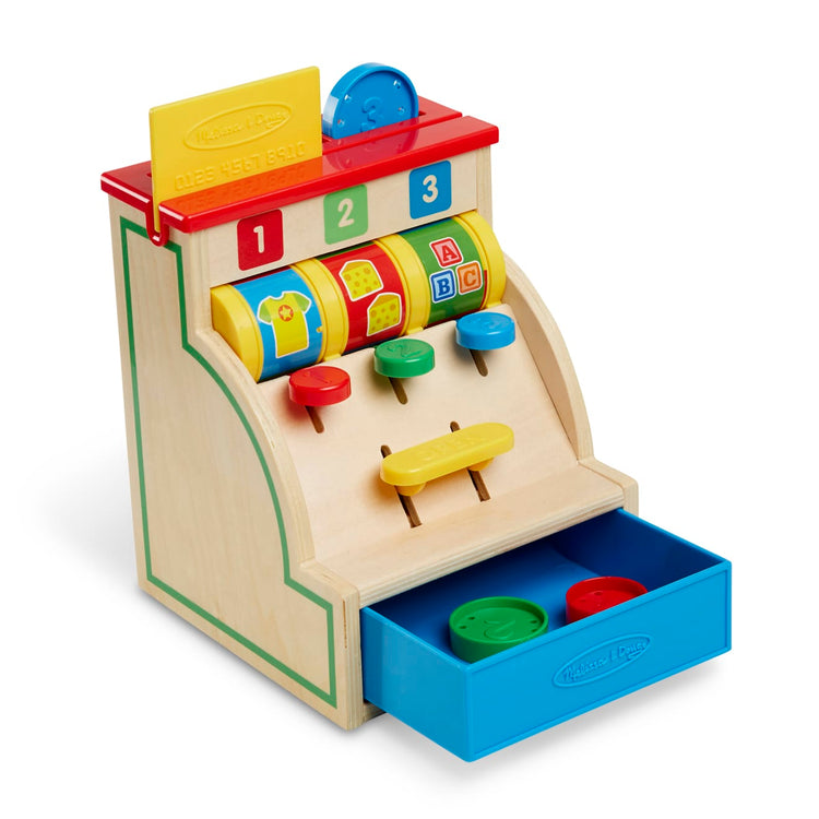 The loose pieces of the Melissa & Doug Spin and Swipe Wooden Toy Cash Register With 3 Play Coins, Pretend Credit Card