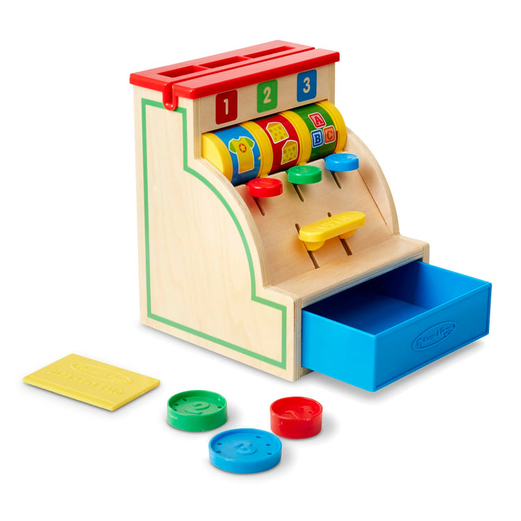 The loose pieces of the Melissa & Doug Spin and Swipe Wooden Toy Cash Register With 3 Play Coins, Pretend Credit Card