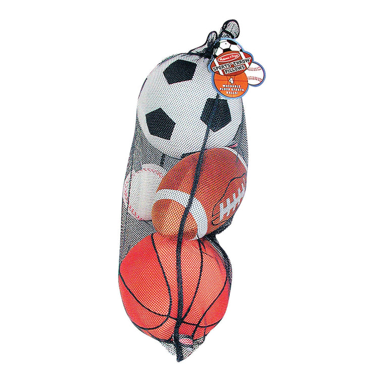 An assembled or decorated the Melissa & Doug Sports Throw Pillows With Mesh Storage Bag - Plush Basketball, Baseball, Soccer Ball, and Football