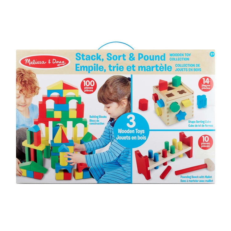 the Melissa & Doug Stack, Sort & Pound Wooden Toy Collection (Building Blocks, Shape Sorter, Pounding Bench)