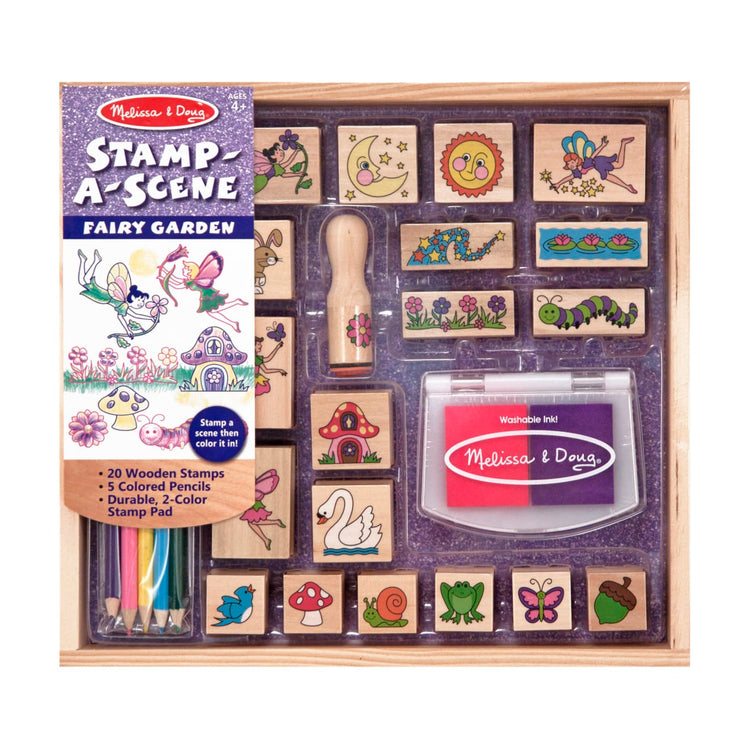 The front of the box for the Melissa & Doug Stamp-a-Scene Stamp Pad: Fairy Garden - 20 Wooden Stamps, 5 Colored Pencils, and 2-Color Stamp Pad