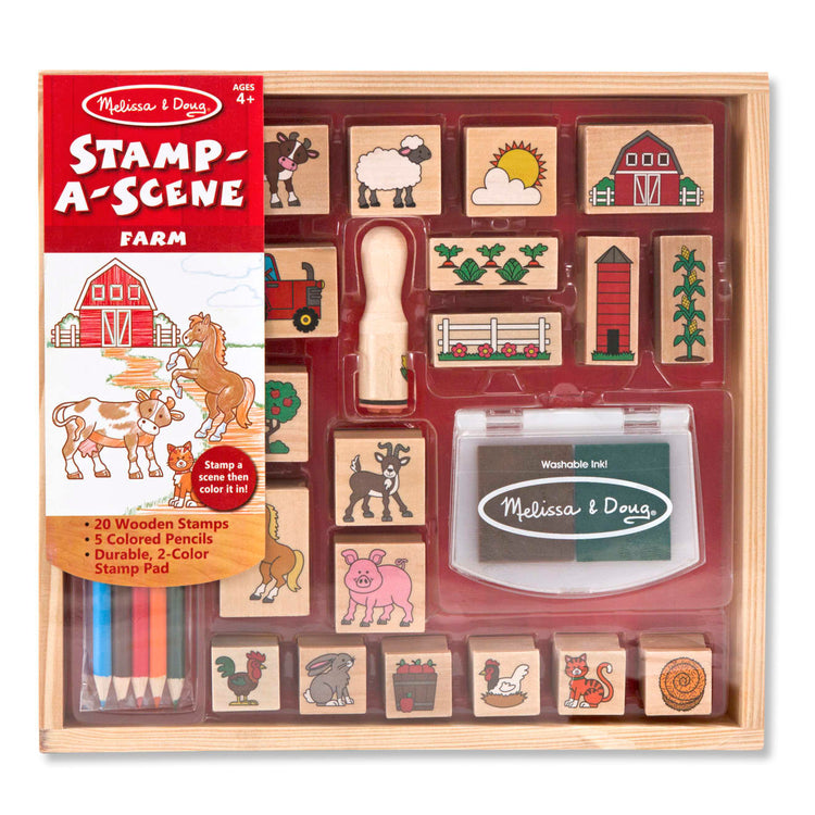 The front of the box for the Melissa & Doug Stamp-a-Scene Wooden Stamp Set: Farm - 20 Stamps, 5 Colored Pencils, and 2-Color Stamp Pad