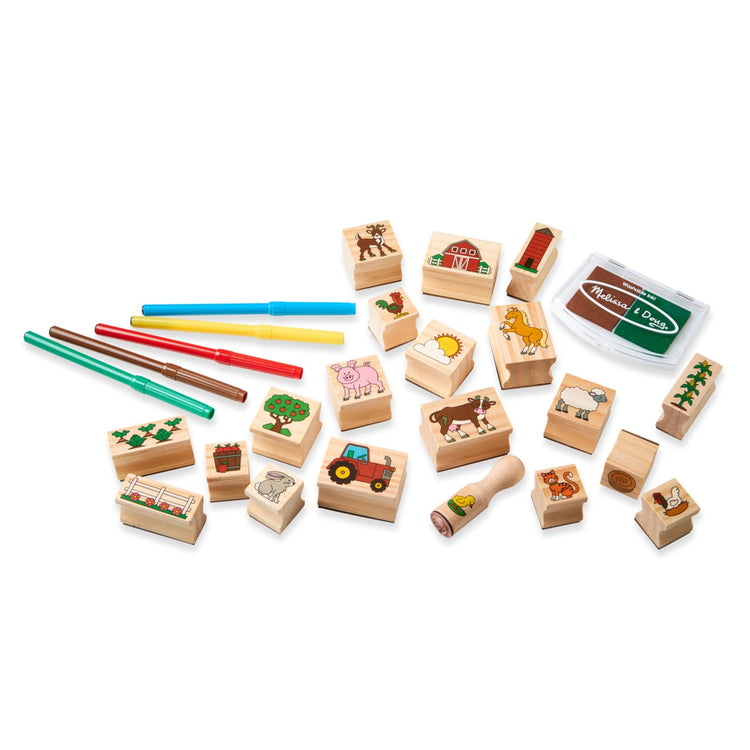 The loose pieces of the Melissa & Doug Stamp-a-Scene Wooden Stamp Set: Farm - 20 Stamps, 5 Colored Pencils, and 2-Color Stamp Pad