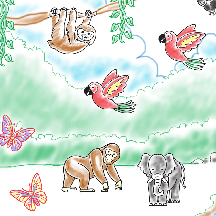 The front of the box for the Melissa & Doug Stamp-a-Scene Stamp Set: Rain Forest - 20 Wooden Stamps, 5 Colored Pencils, and 2-Color Stamp Pad