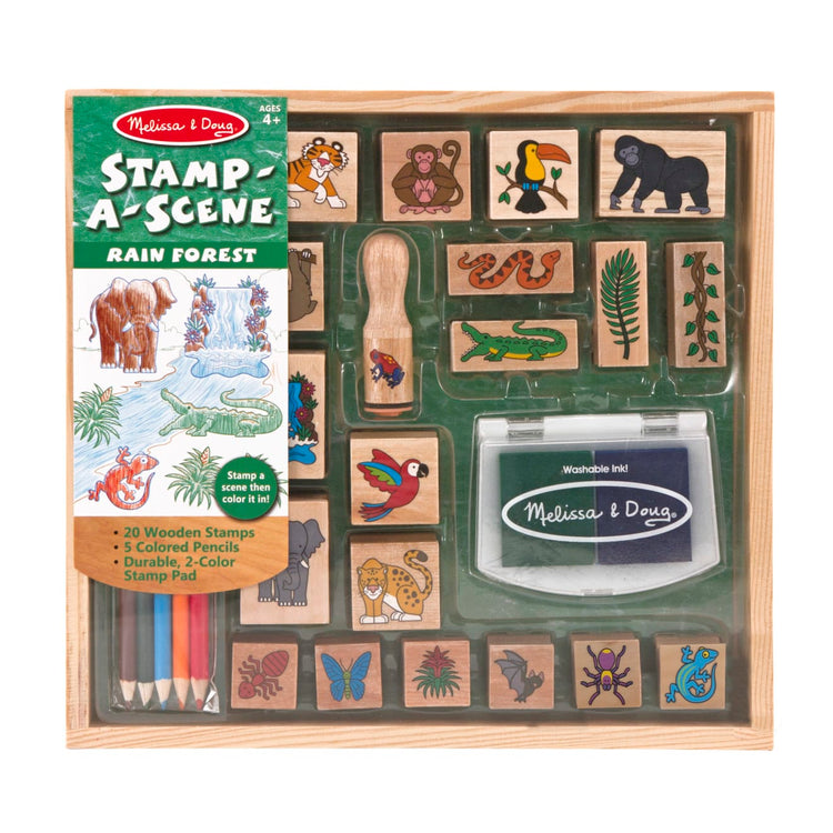 The front of the box for the Melissa & Doug Stamp-a-Scene Stamp Set: Rain Forest - 20 Wooden Stamps, 5 Colored Pencils, and 2-Color Stamp Pad