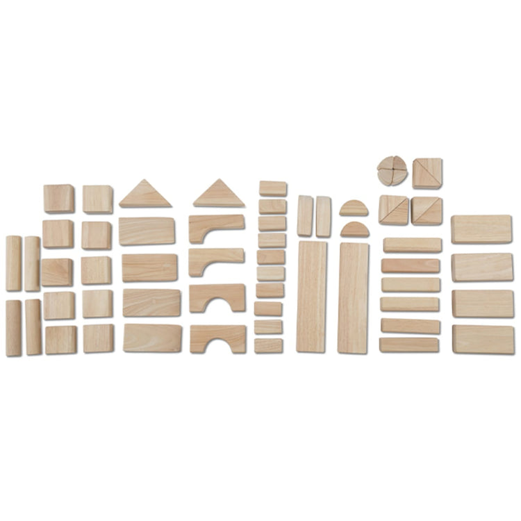 The loose pieces of the Melissa & Doug Standard Unit Solid-Wood Building Blocks With Wooden Storage Tray (60 pcs)