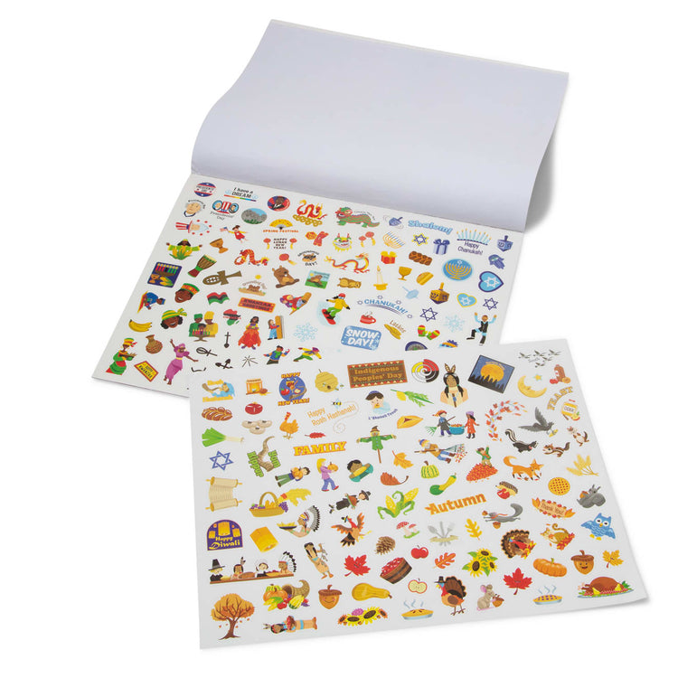 The loose pieces of the Melissa & Doug Sticker Collection Book: 1,000+ Stickers – Seasons and Celebrations
