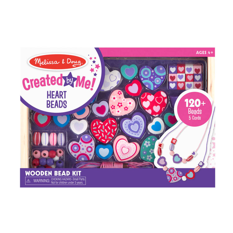 The front of the box for the Melissa & Doug Created by Me! Heart Beads Wooden Bead Kit, 120+ Beads and 5 Cords for Jewelry-Making