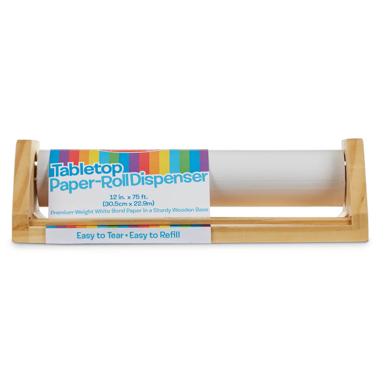 The front of the box for the Melissa & Doug Wooden Tabletop Paper Roll Dispenser With White Bond Paper (12 inches x 75 feet)