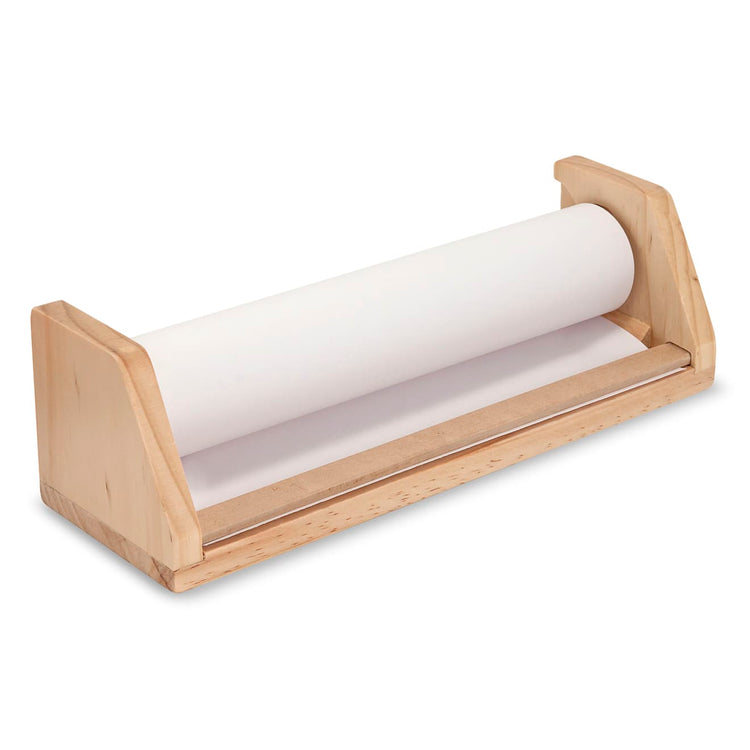 The loose pieces of the Melissa & Doug Wooden Tabletop Paper Roll Dispenser With White Bond Paper (12 inches x 75 feet)