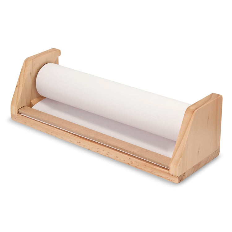 The loose pieces of the Melissa & Doug Wooden Tabletop Paper Roll Dispenser With White Bond Paper (12 inches x 75 feet)