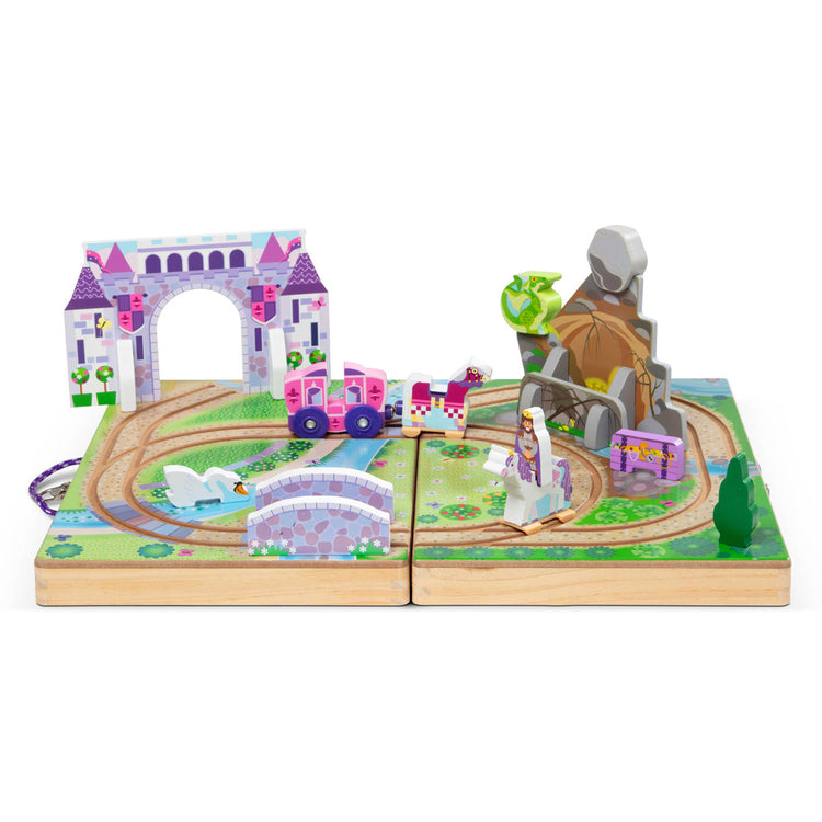 An assembled or decorated the Melissa & Doug 19-Piece Wooden Take-Along Tabletop Kingdom – Carriage, Horse, Unicorn, Dragon, More