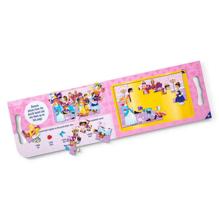 The loose pieces of the Melissa & Doug Take-Along Magnetic Jigsaw Puzzles Travel Toy – Princesses (2 15-Piece Puzzles)