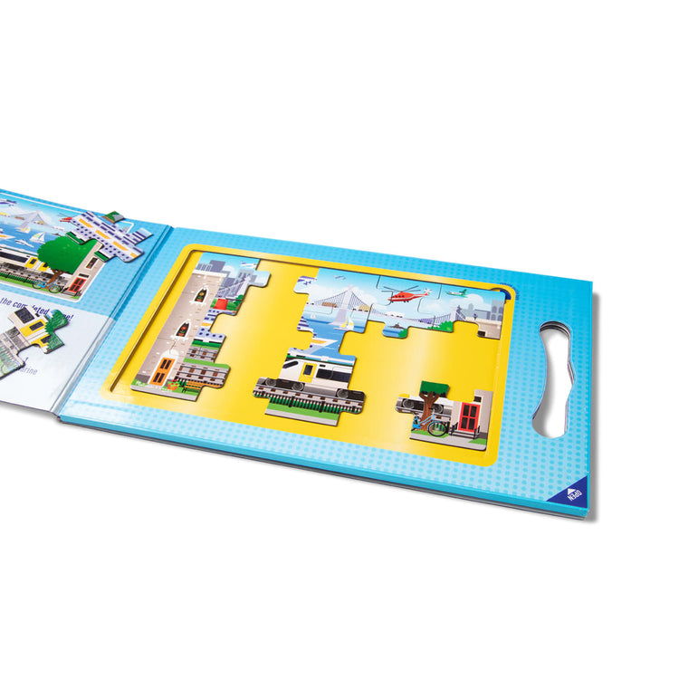 the Melissa & Doug Take-Along Magnetic Jigsaw Puzzles Travel Toy – Vehicles (2 15-Piece Puzzles)