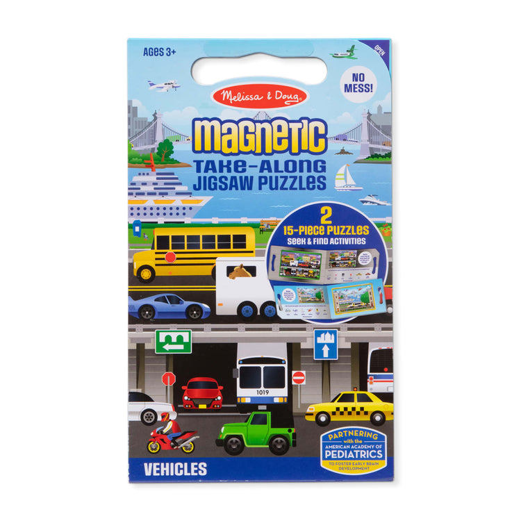 the Melissa & Doug Take-Along Magnetic Jigsaw Puzzles Travel Toy – Vehicles (2 15-Piece Puzzles)