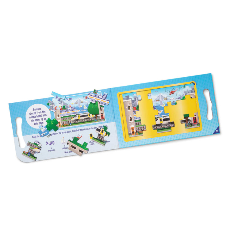 The loose pieces of the Melissa & Doug Take-Along Magnetic Jigsaw Puzzles Travel Toy – Vehicles (2 15-Piece Puzzles)