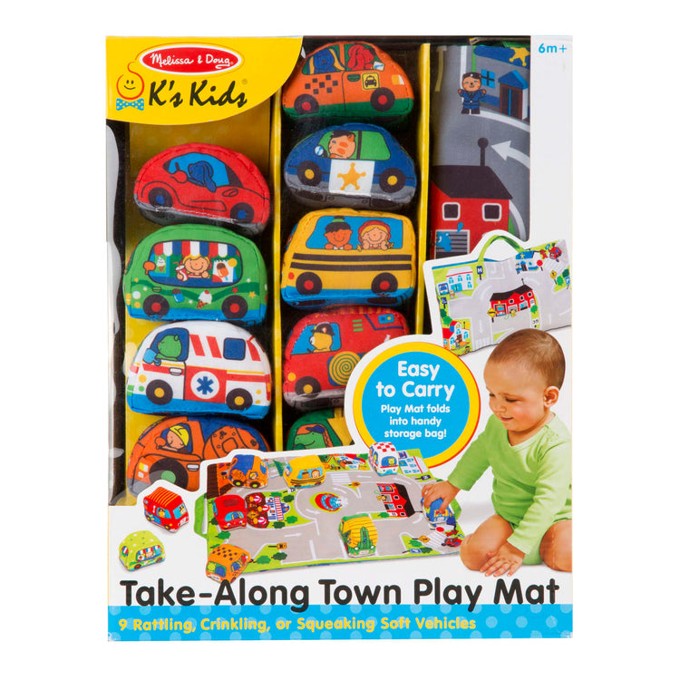 the Melissa & Doug Take-Along Town Play Mat (19.25 x 14.25 inches) With 9 Soft Vehicles