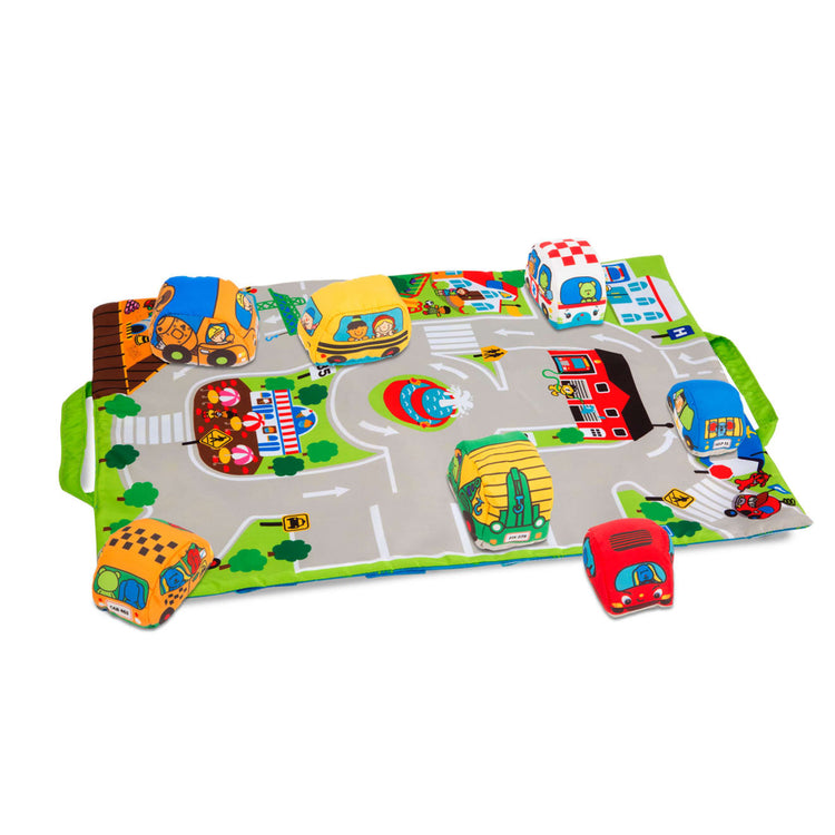 The loose pieces of the Melissa & Doug Take-Along Town Play Mat (19.25 x 14.25 inches) With 9 Soft Vehicles