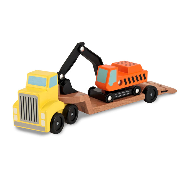 An assembled or decorated the Melissa & Doug Trailer and Excavator Wooden Vehicle Set (3 pcs)