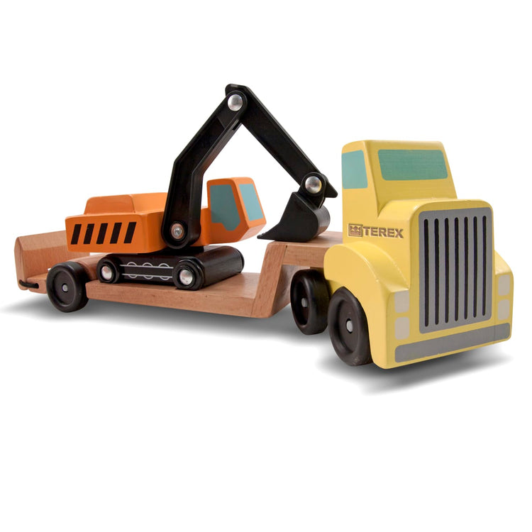 The loose pieces of the Melissa & Doug Trailer and Excavator Wooden Vehicle Set (3 pcs)
