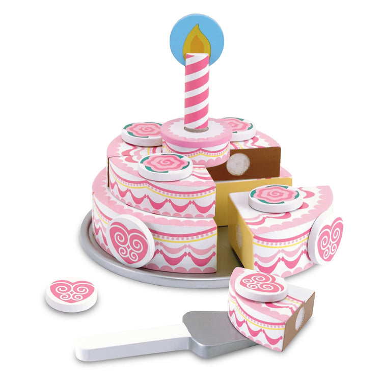 The loose pieces of the Melissa & Doug Triple-Layer Party Cake Wooden Play Food Set