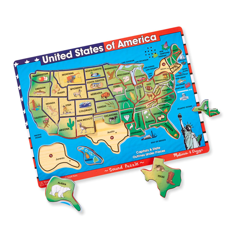The loose pieces of the Melissa & Doug USA Map Sound Puzzle - Wooden Puzzle With Sound Effects (40 pcs)