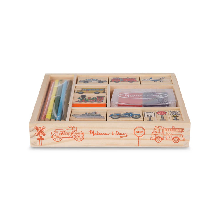 The front of the box for the Melissa & Doug Wooden Stamp Set: Vehicles - 10 Stamps, 5 Colored Pencils, 2-Color Stamp Pad