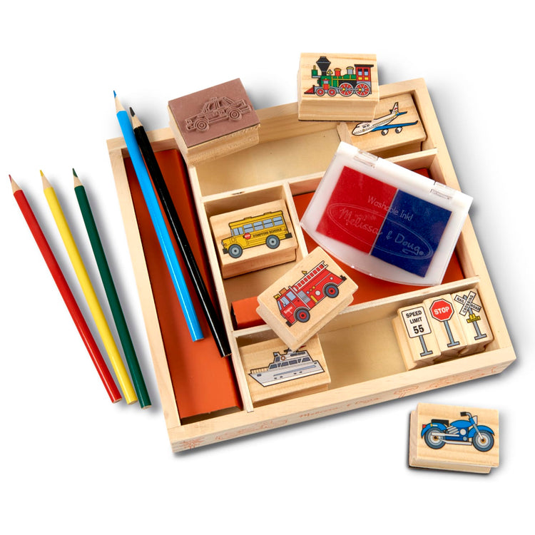 The front of the box for the Melissa & Doug Wooden Stamp Set: Vehicles - 10 Stamps, 5 Colored Pencils, 2-Color Stamp Pad