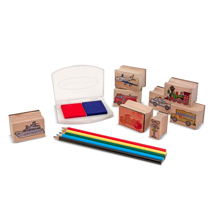 The loose pieces of the Melissa & Doug Wooden Stamp Set: Vehicles - 10 Stamps, 5 Colored Pencils, 2-Color Stamp Pad