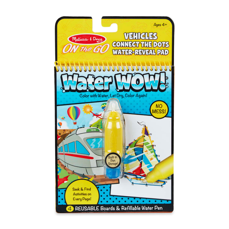 The front of the box for the Melissa & Doug On the Go Water Wow! Reusable Water-Reveal Connect the Dots Activity Pad – Vehicles
