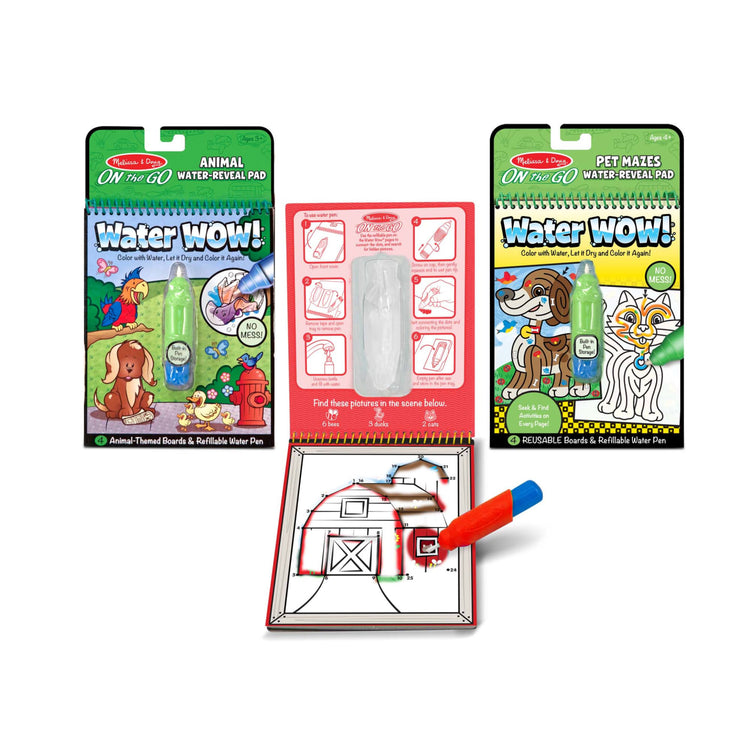 The front of the box for the Melissa & Doug On the Go Water Wow! Reusable Water-Reveal Activity Pads, 3-pk, Animals, Connect the Dots, Mazes