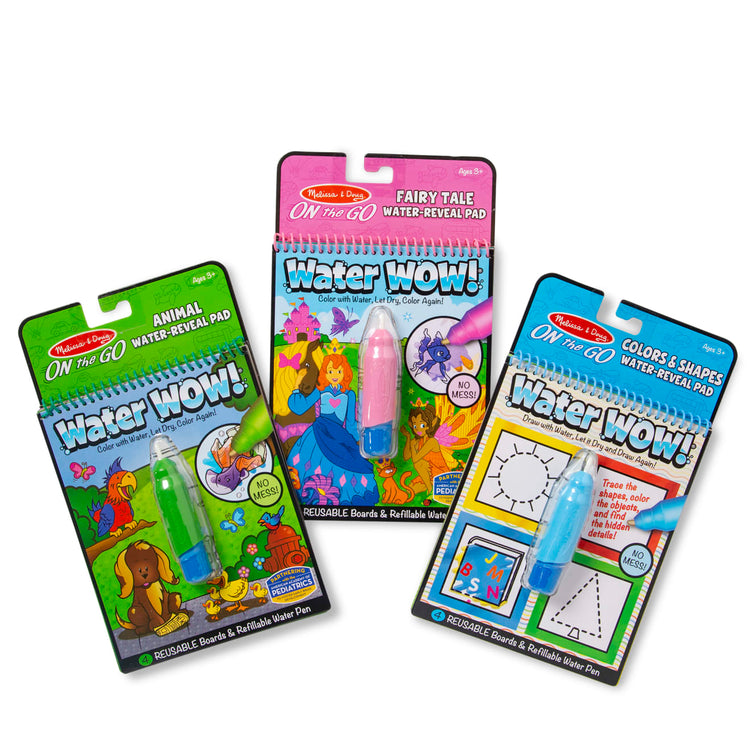 the Melissa & Doug On the Go Water Wow! Reusable Water-Reveal Activity Pads 3-Pack - Colors and Shapes, Fairy Tales, Animals