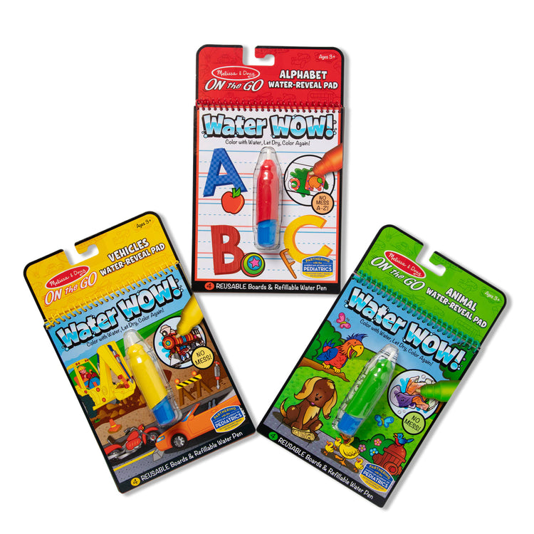 the Melissa & Doug On the Go Water Wow! Reusable Water-Reveal Activity Pads, 3-pk, Vehicles, Animals, Alphabet